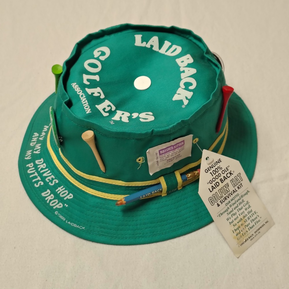 Vintage 1990 Laid Back Mens Golfin Hat Survival Kit Medium Green Cotton Novelty